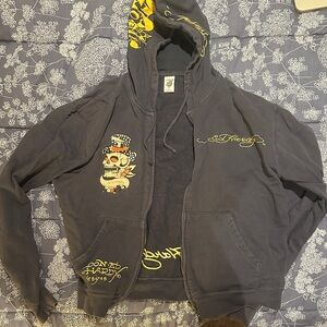Ed Hardy Charcoal Hoodie with Skull and Yellow Accents